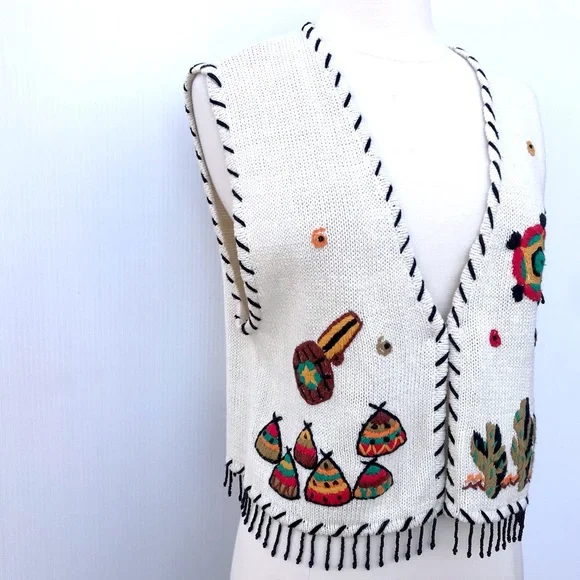 Vintage 80’s southwestern embroidered cactus native tassel sweater vest top - Picture 4 of 7